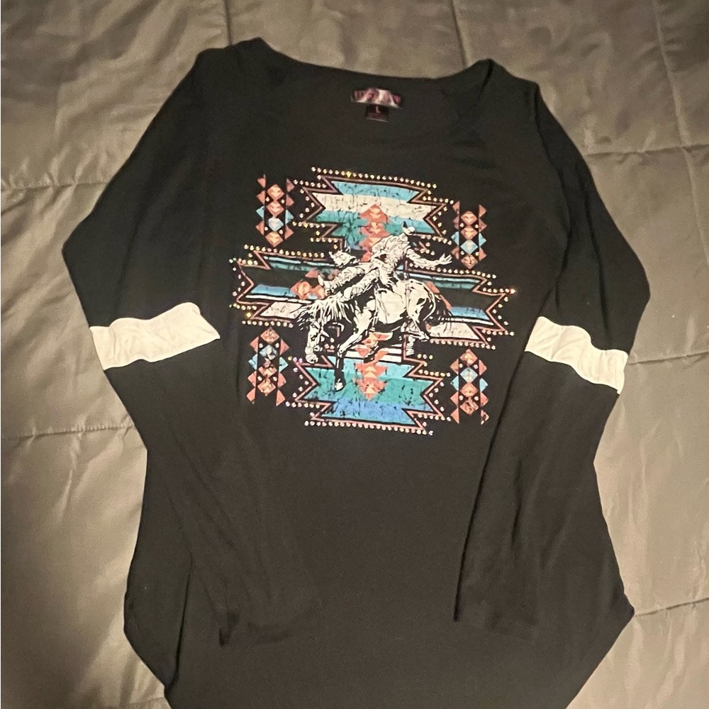 Rock & Roll Cowgirl Black Top with Western Graphic